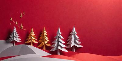 The primary subject of the image is a paper cutout of a forest, featuring trees and a red background. The setting is a red surface, which serves as the backdrop for the paper cutout. The visual style is a combination of digital art and illustration, as the paper cutout is created using a digital medium. The colors and mood of the image are predominantly red, giving it a warm and inviting atmosphere.